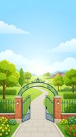 Ornate green gate with decorative arch opening to scenic countryside pathway, lush green trees, manicured gardens with colorful flowers, brick fence pillars, and distant farmhouse under blue sky with white clouds.