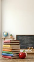 Stack of colorful books with red apple on wooden desk in classroom setting with globe, plant, blackboard, and pencils for education and learning concepts.