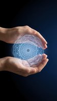 Hands holding glowing mandala pattern with blue and pink light energy against dark background, representing spirituality, healing, meditation, and wellness concepts.