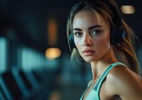 Young athletic woman in mint sports top with headphones during workout at dark gym, dramatic lighting highlights determined expression and glowing skin.