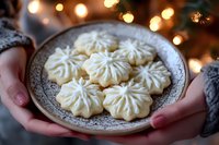 Hands holding ceramic bowl filled with white chocolate star-shaped cookies against warm Christmas lights background for holiday baking and festive treats.