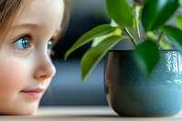 Young girl with striking blue eyes gazes curiously at green plant in turquoise ceramic pot, soft focus portrait capturing childhood wonder and nature connection.