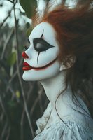 Woman with dramatic clown makeup featuring white face paint, black eye design and red lips in gothic horror style for Halloween costume concepts.