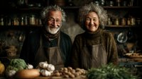 Happy elderly couple cooking together in rustic kitchen with fresh vegetables and ingredients, smiling warmly while preparing healthy meal at home.
