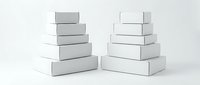White cardboard boxes stacked in pyramids on clean background for packaging, shipping, storage and retail display mockups.