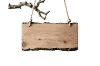 Rustic wooden signboard with natural bark edges hanging on rope from tree branch, isolated on white background for outdoor and nature-themed designs.