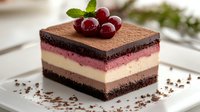 Layered chocolate cherry cake slice with cocoa dusting and fresh cherries on top, featuring dark chocolate base, vanilla cream, cherry filling and chocolate mousse layers.