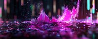 Vibrant pink and purple sound waves emerge from dark surface with glowing particles and reflections creating futuristic audio visualization landscape.