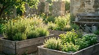 Wooden raised garden beds filled with fresh herbs and vegetables in sunlit outdoor space, perfect for gardening, landscaping, and agricultural design projects.