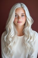 Young Caucasian woman with long platinum blonde wavy hair and blue eyes wearing white sweater against brown background, natural makeup look and soft lighting portrait.