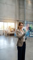 Professional businesswoman using futuristic holographic interface technology in modern office environment for digital innovation and smart workplace solutions.