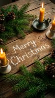 Merry Christmas rustic wooden table with burning candles, pine branches, and cones. Cozy holiday atmosphere for seasonal greeting cards.