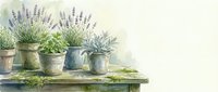Watercolor lavender plants in vintage pots on rustic wooden table with herbs, perfect for home decor, gardening and botanical design projects.