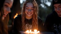 Young woman smiling at glowing birthday cake candles during evening outdoor celebration with friends, warm atmospheric lighting creates magical festive mood.