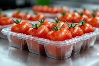 Fresh red cherry tomatoes with water drops in plastic container, close up view showing natural texture and vibrant color. Food photography for grocery ads.