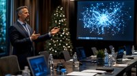 Mature Caucasian businessman gesturing at digital network visualization during evening presentation in modern conference room with holiday decor and ambient lighting.