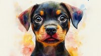 Adorable Miniature Pinscher puppy portrait with expressive eyes and distinctive black and tan markings against watercolor background, artistic pet illustration style.