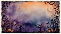 Halloween watercolor background with spooky trees, bats, pumpkins, and black cat in purple and orange tones, perfect for seasonal cards and invitations.