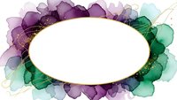 Watercolor oval frame with purple and green alcohol ink splashes, gold accents on white background for wedding invitations and elegant design projects.