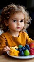 Adorable toddler with curly blonde hair in yellow shirt enjoying colorful healthy snacks from white plate for nutrition and childhood development.
