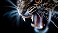 Extreme close up of aggressive leopard cat showing sharp fangs and whiskers against dark background. Dramatic wildlife macro photography highlighting predator features.