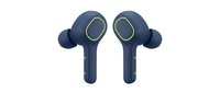 Pair of dark blue wireless earbuds with yellow accents, isolated on white background. Ready for tech product design, marketing materials, and e-commerce use.