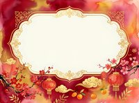 Ornate gold frame with blank center on red and gold festive background with lanterns, flowers, and decorative elements, suitable for invitations and greeting cards.