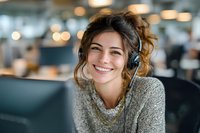 Smiling young female customer service representative with headset in modern office environment, providing friendly support.
