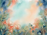 Soft watercolor floral background with gold outlined flowers and leaves in pastel teal, coral and peach tones, perfect for cards and invitations.