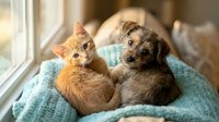 Ginger and gray kittens sitting together on a turquoise blanket by a window, showing affection and companionship during playtime indoors.
