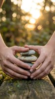 Hands protecting balanced zen stones on wooden surface with warm bokeh light background for meditation wellness and mindfulness concepts.