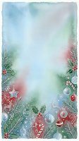 Watercolor holiday background with festive ornaments, evergreen branches, holly leaves, and candy canes arranged at bottom border on soft blue, green, and red gradient. Isolated design ready for cards.