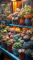 Colorful collection of potted succulents and cacti on wooden shelves with warm evening light, featuring diverse varieties in decorative ceramic containers and terracotta pots.