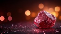 Raw ruby crystal on dark surface with blurred bokeh lights background, sparkling mineral gem stone with rough edges and natural crystalline structure.