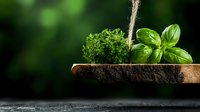 Fresh aromatic herbs growing in wooden planter with soil against dark green bokeh background, basil and parsley plants for cooking and gardening.