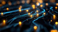 Glowing blue lines and golden light dots create futuristic network pattern on dark background, representing digital connectivity and data flow in modern technology.