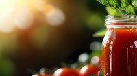Fresh homemade tomato sauce in glass jar with basil leaves and warm sunlight, organic cooking ingredient for pasta and pizza recipes.