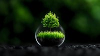 Small green tree growing in glass sphere with soil and grass against dark background with bokeh effect. Environmental concept showing nature conservation.