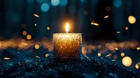 Glowing golden candle with sparkling glitter texture against dark background with bokeh lights creates magical atmospheric holiday mood.