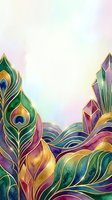 Ornamental peacock feathers with gold outlines in vibrant watercolor style on soft pastel background. Isolated design element suitable for invitations, textiles, and decorative projects.