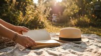 Woman reading book outdoors on blanket with straw hat during golden hour sunset creating peaceful leisure moment for relaxation and literature enjoyment.