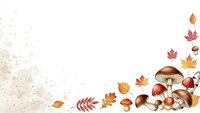 Autumn harvest composition with mushrooms, acorns, colorful maple leaves on textured background for seasonal design projects and fall decorations.