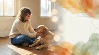 Young woman in cozy sweater bonding with golden retriever dog on wooden floor in bright sunlit room with warm bokeh light effects and colorful overlay.