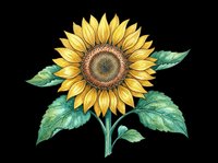 Watercolor sunflower with green leaves isolated on transparent background, ready for t-shirt design, stickers, clipart, print on demand, and sublimation projects.