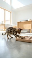 Bengal kitten playing with wooden puzzle toy in bright modern kitchen with natural sunlight streaming through windows creating warm atmosphere.