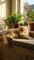 Fluffy orange tabby cat relaxing on sunny windowsill with potted plants and ferns in cozy home interior for pet lifestyle content.