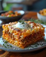 Homemade lasagna with layers of wavy pasta, meat sauce, melted cheese topped with sour cream and fresh herbs served on gray plate, close up view of Italian cuisine.