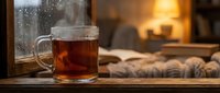 Steaming hot tea cup on wooden windowsill with raindrops on glass creating cozy autumn atmosphere for relaxation and comfort at home.