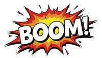 Comic book explosion burst with BOOM text in bold white letters on colorful starburst background isolated on white for graphic design and print projects.