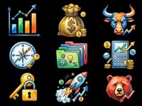 Isolated financial and business icons set with growth chart, money bag, bull market symbol, compass, portfolio, calculator, security key, rocket launch, and bear market head on transparent background. Ready for t-shirt design, clipart, stickers, print-on-demand, and sublimation projects.